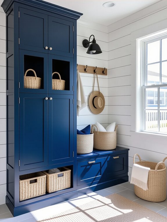 coastal inspired navy mudroom design