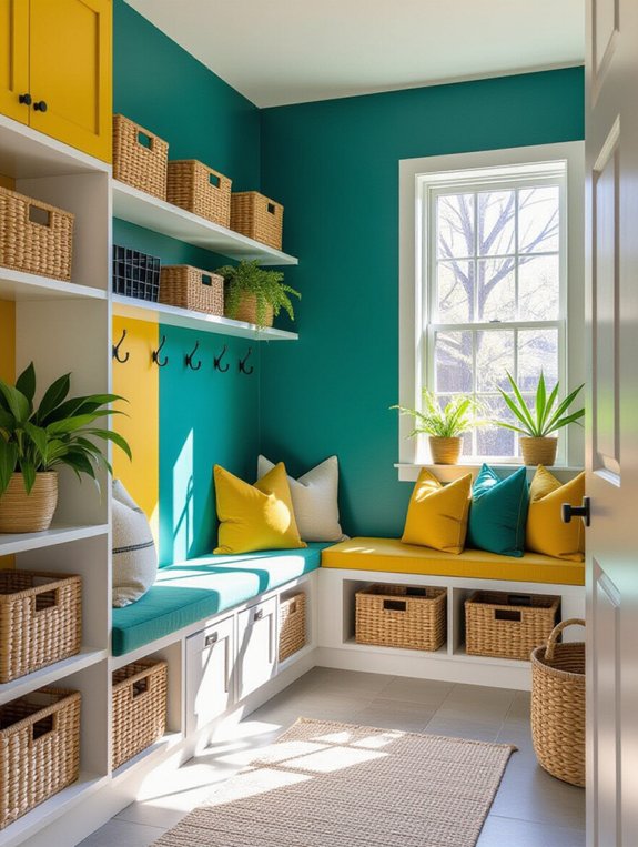 colorful mudroom seating design