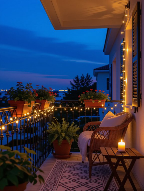 cozy balcony with string lights