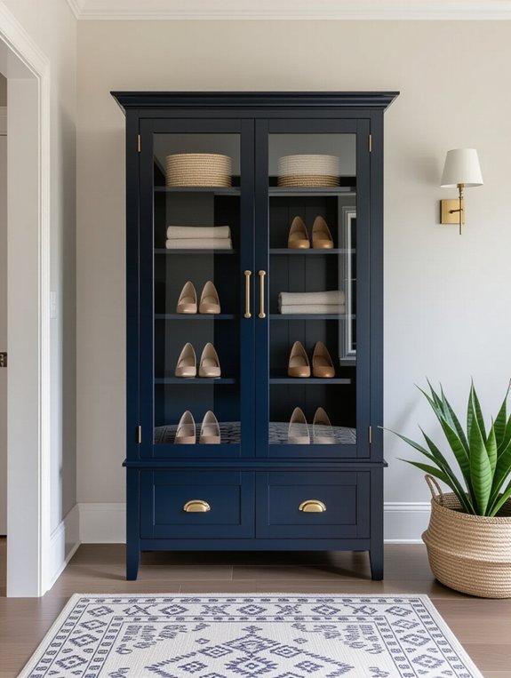 modern navy glass cabinets