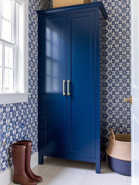 navy cabinets patterned tiles
