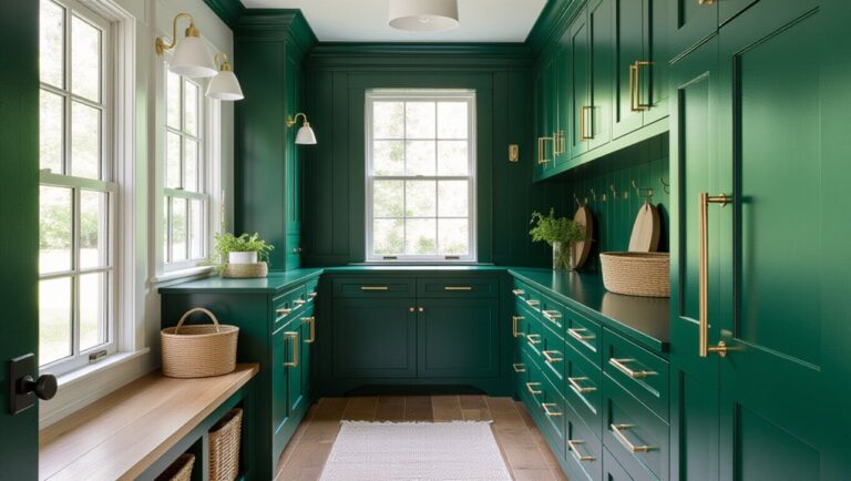 stylish green mudroom cabinets