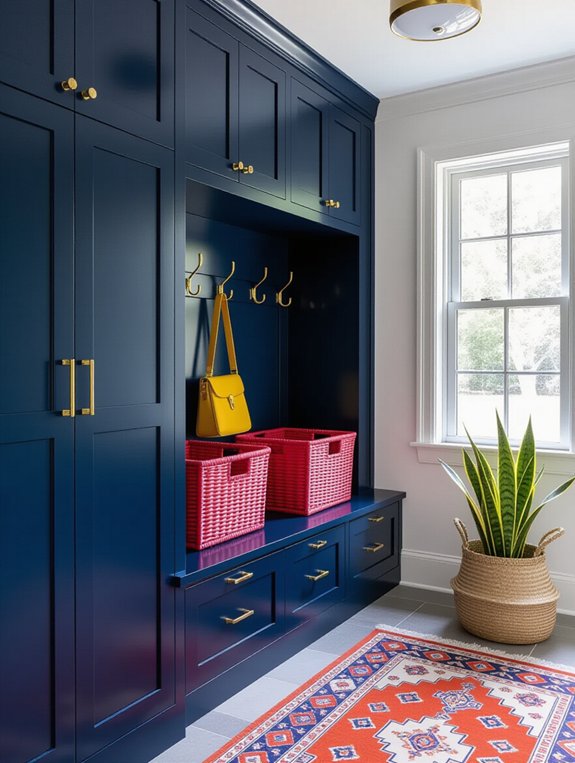 vibrant accents for navy cabinets