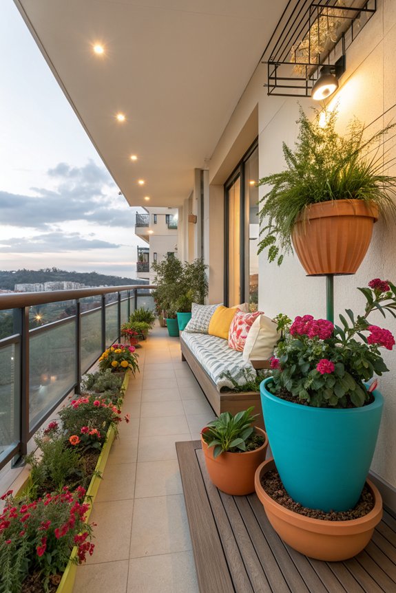 colorful planters enhance balconies