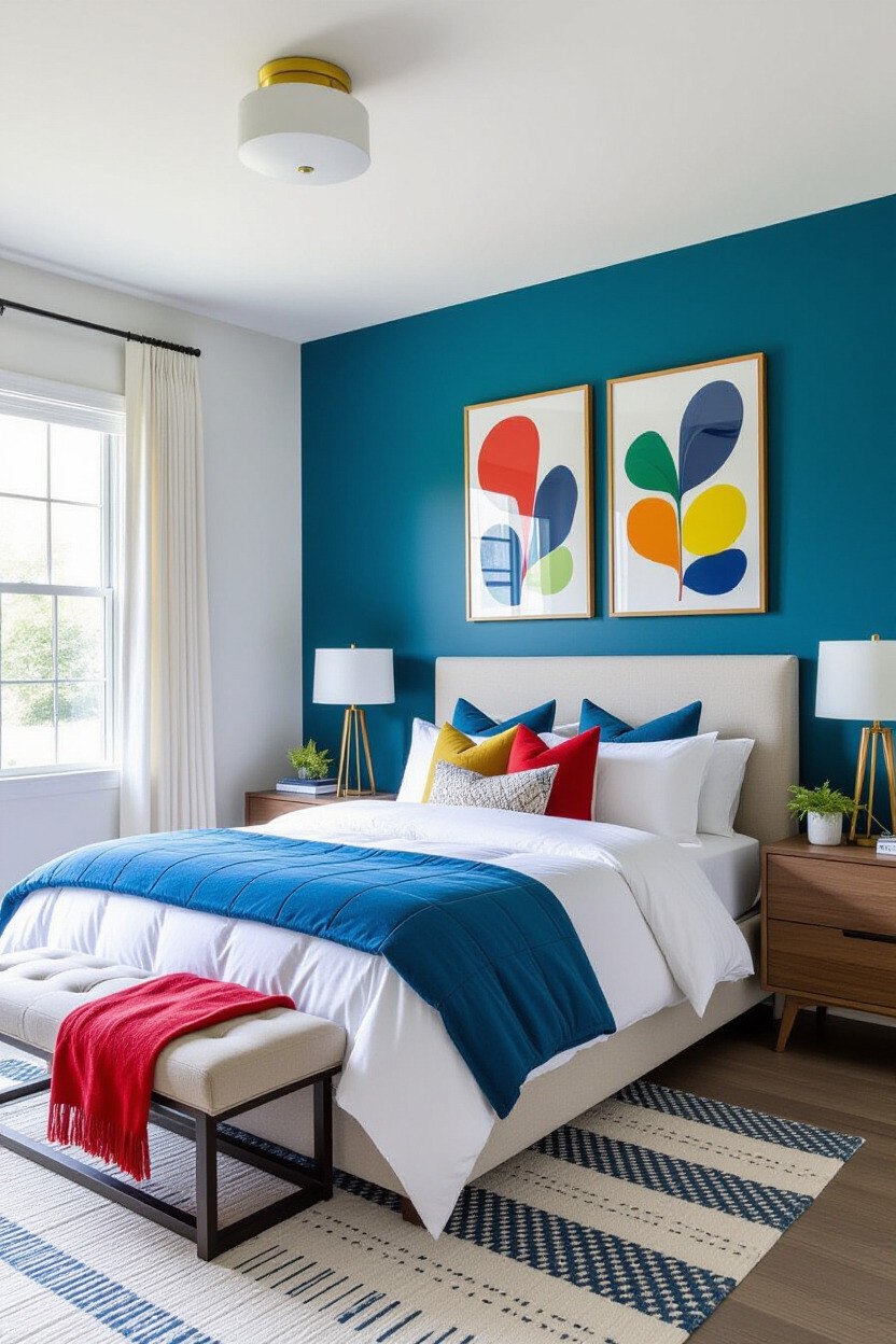 Bedroom with bold colored accent wall