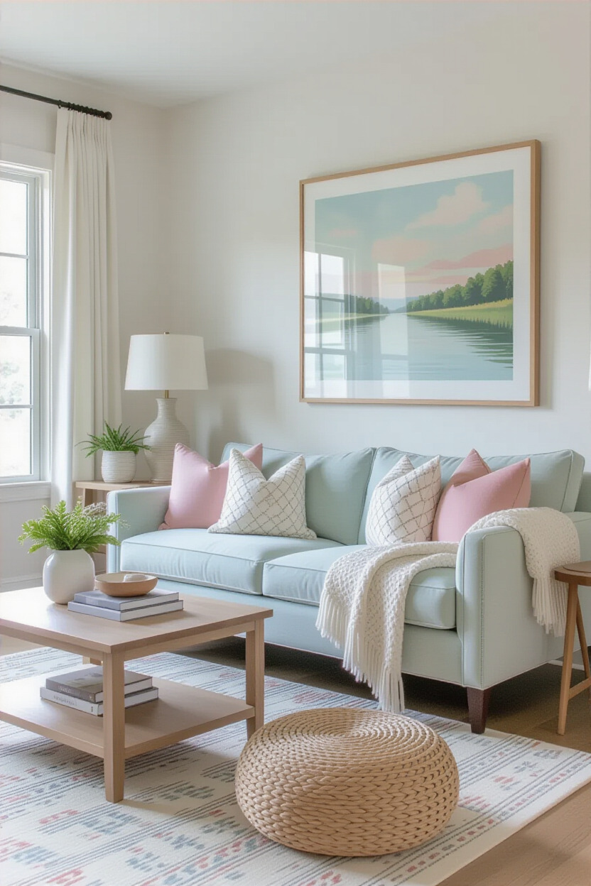 Living room with pastel-colored decor