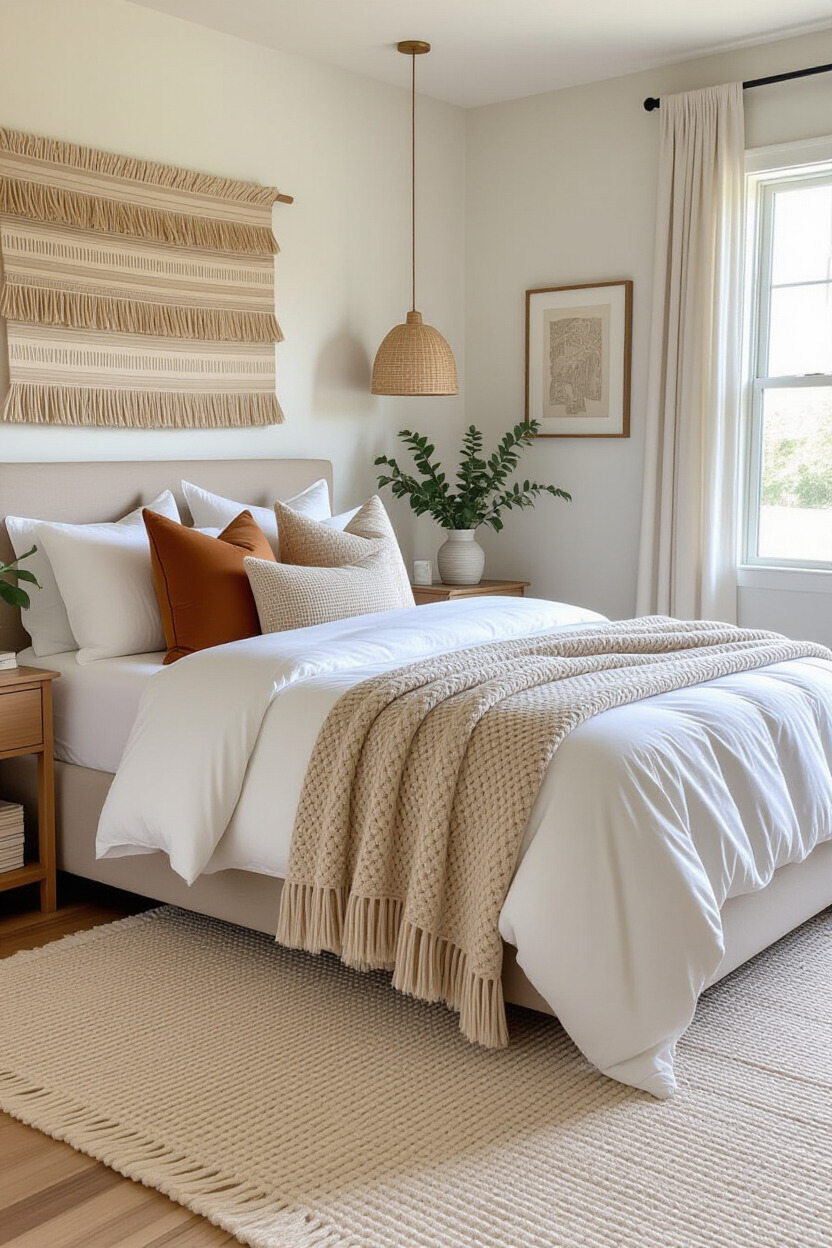Layered textiles in boho bedroom
