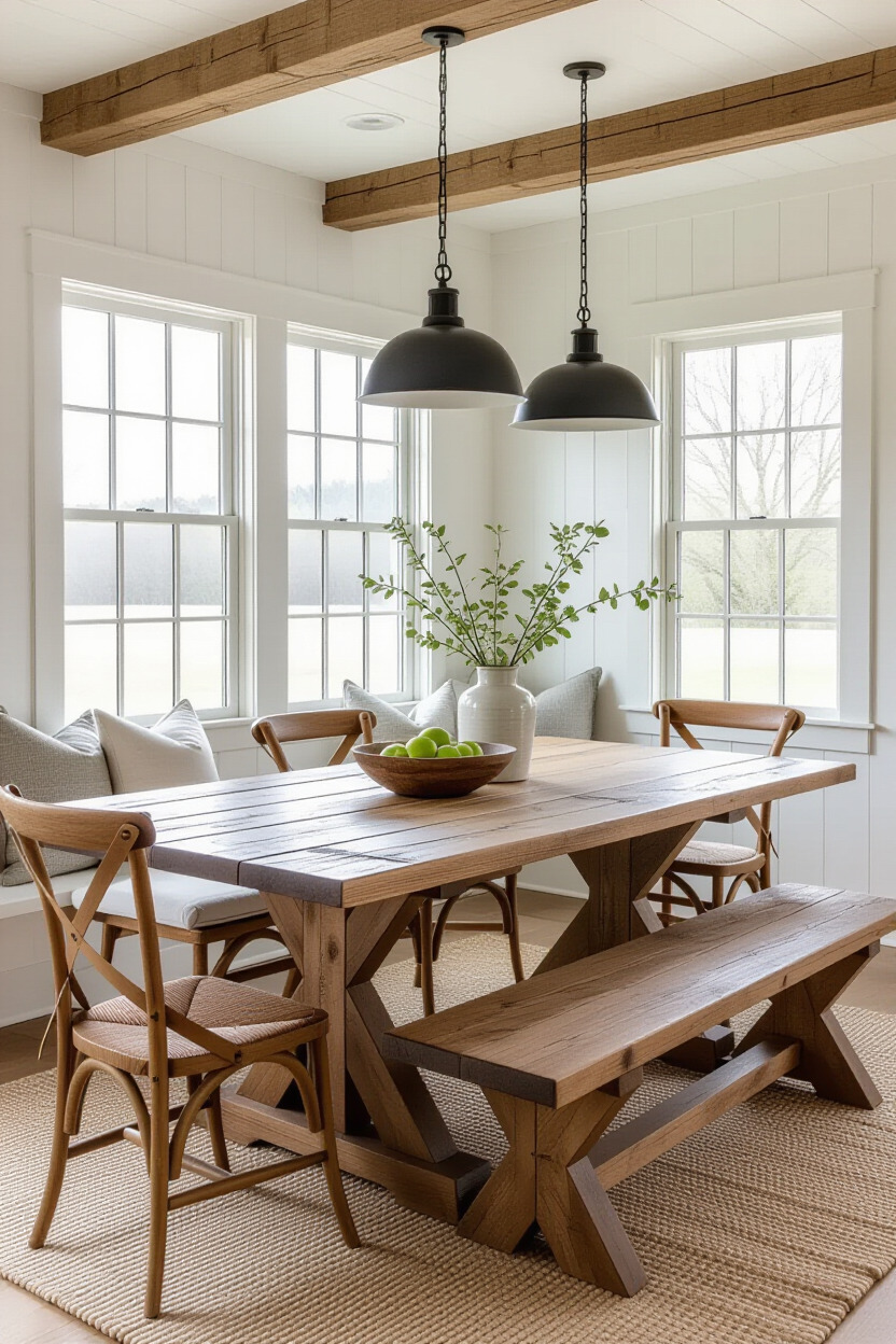 Rustic farmhouse dining room with wooden table and decor
