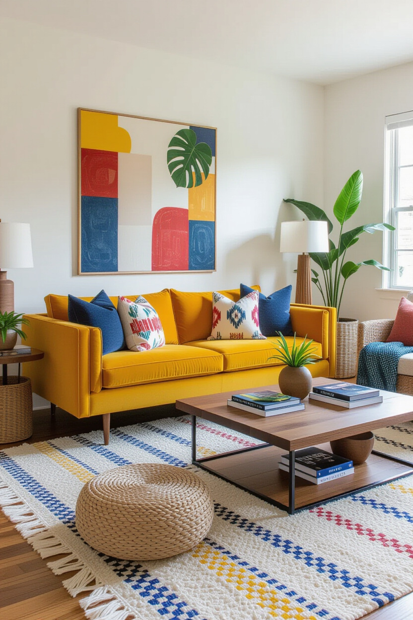 Vibrant colored sofa set in a cozy apartment.