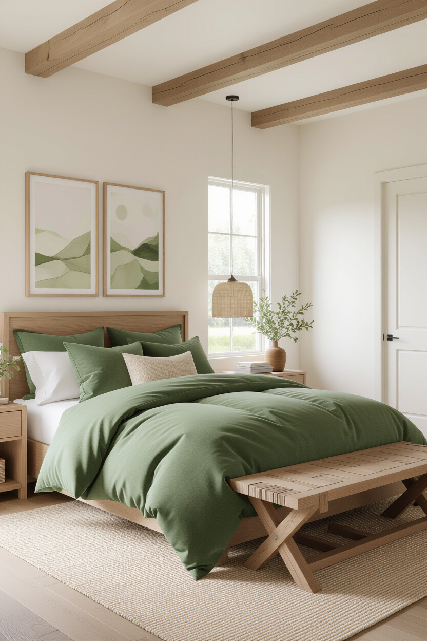 Bedroom with earthy color palette of greens and browns