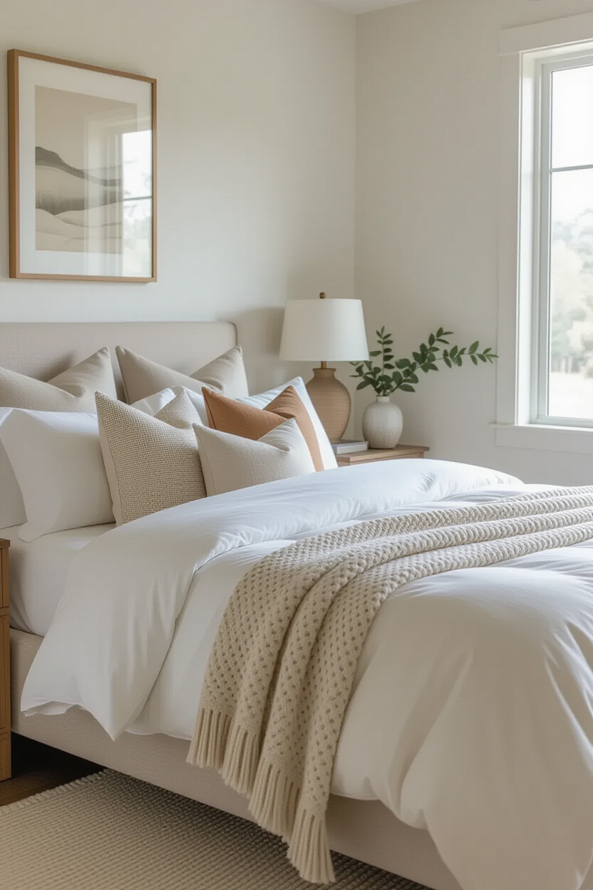 Cozy bed with layered textiles and pillows