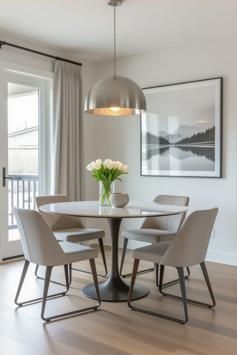 Contemporary metal dining chairs around a sleek table