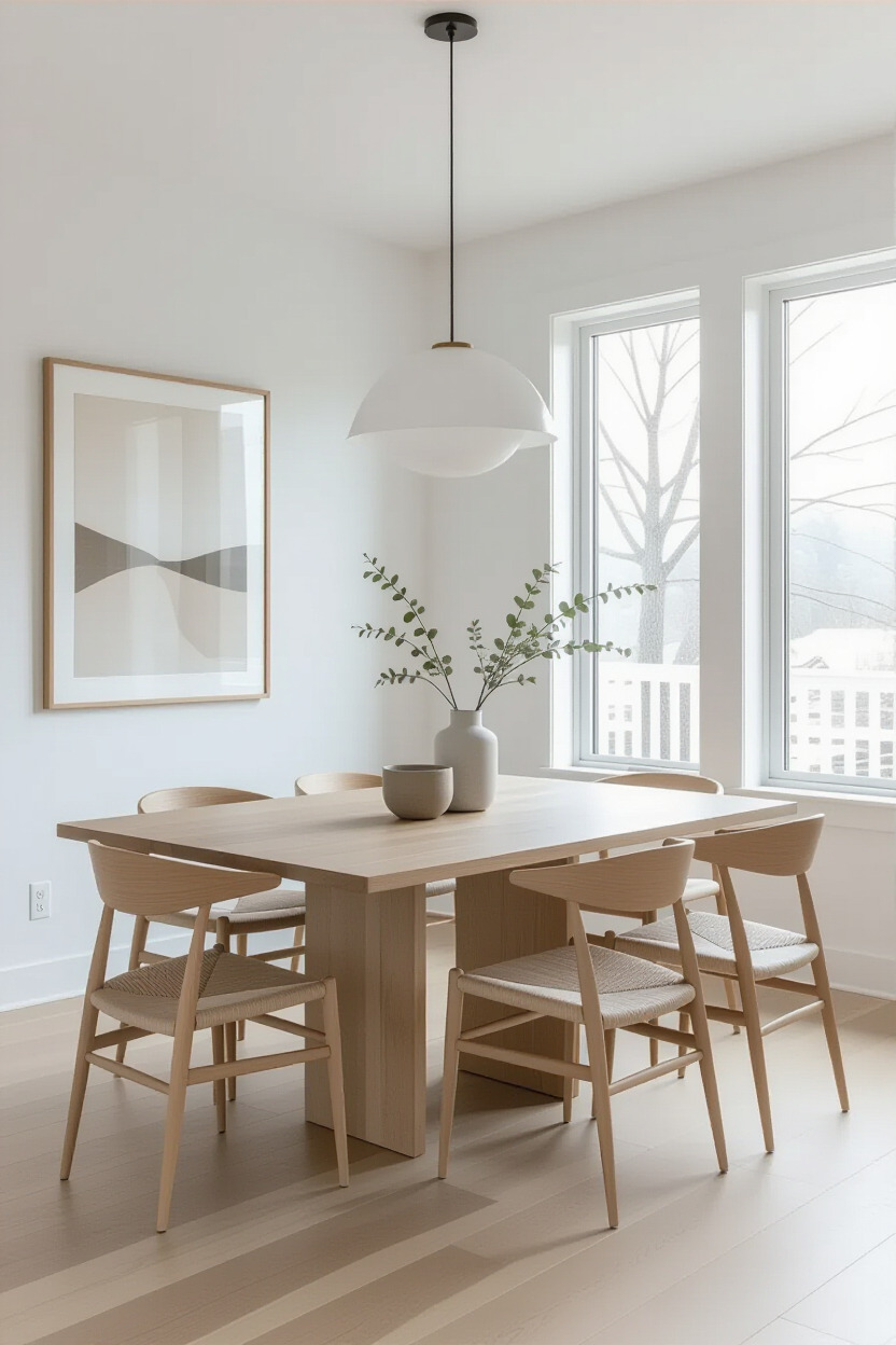 Modern minimalist dining room with clean lines and neutral colors