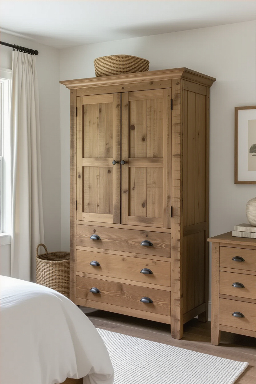 Rustic wooden almirah in a cozy bedroom