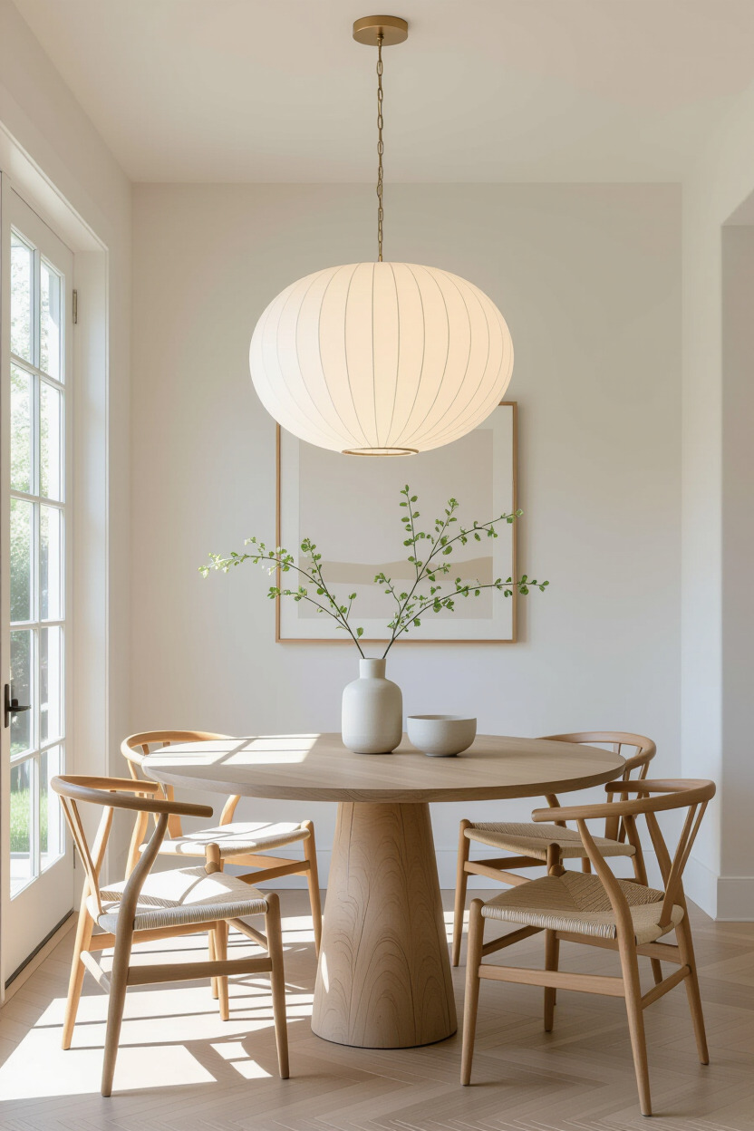 Stylish pendant light in Japandi dining room