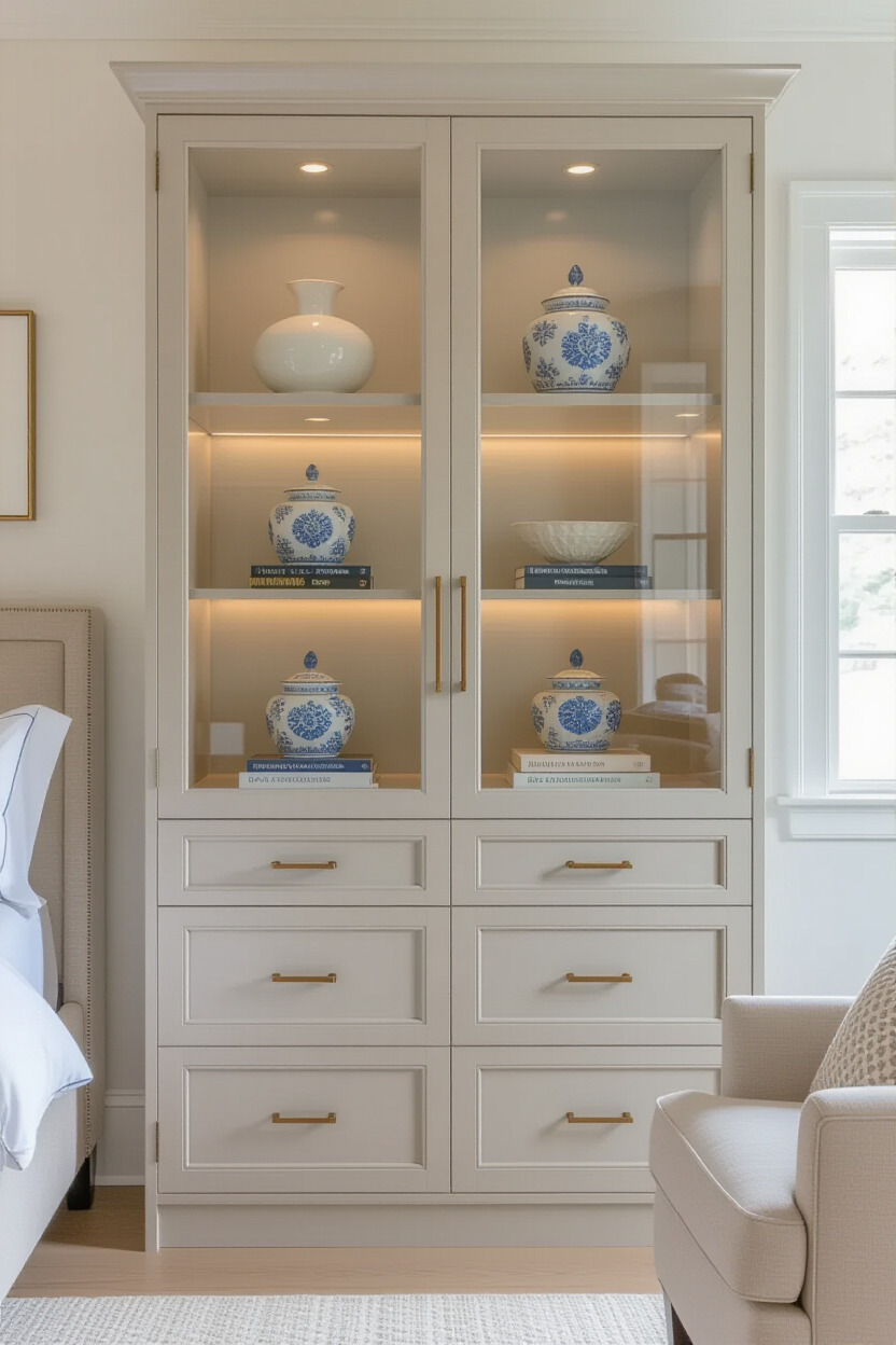 Chic glass-front almirah displaying decorative items
