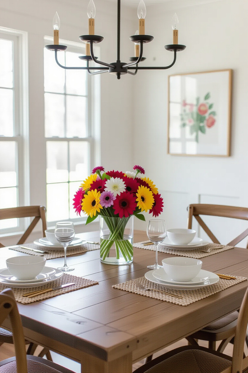 Dining table with a fresh flower centerpiece