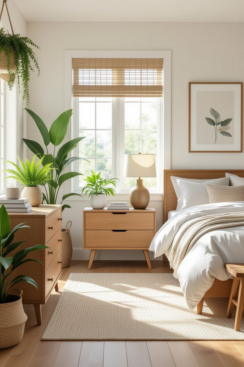 Bedroom with plants and wooden furniture