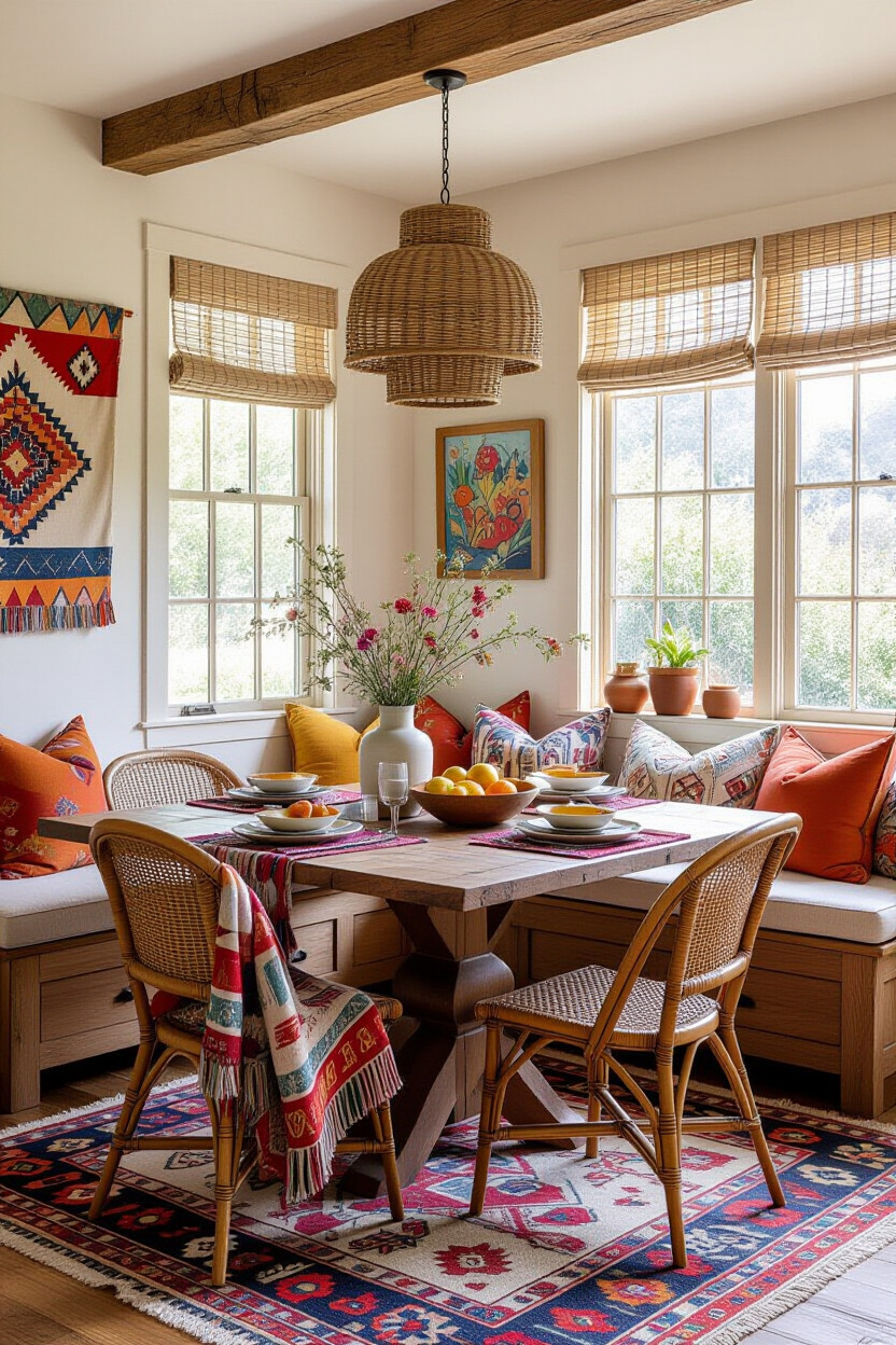 Bohemian dining room with colorful textiles and decor