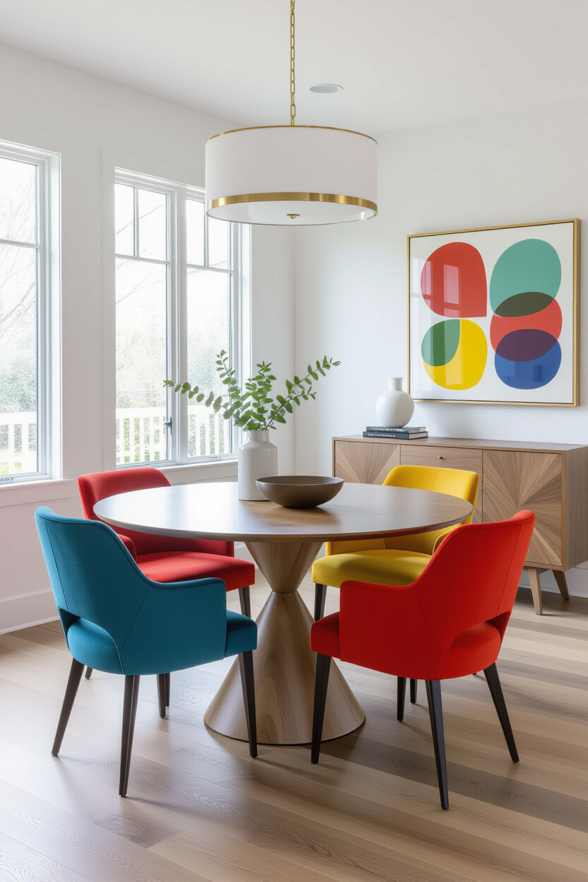 Vibrant colored dining chairs enhancing a modern table