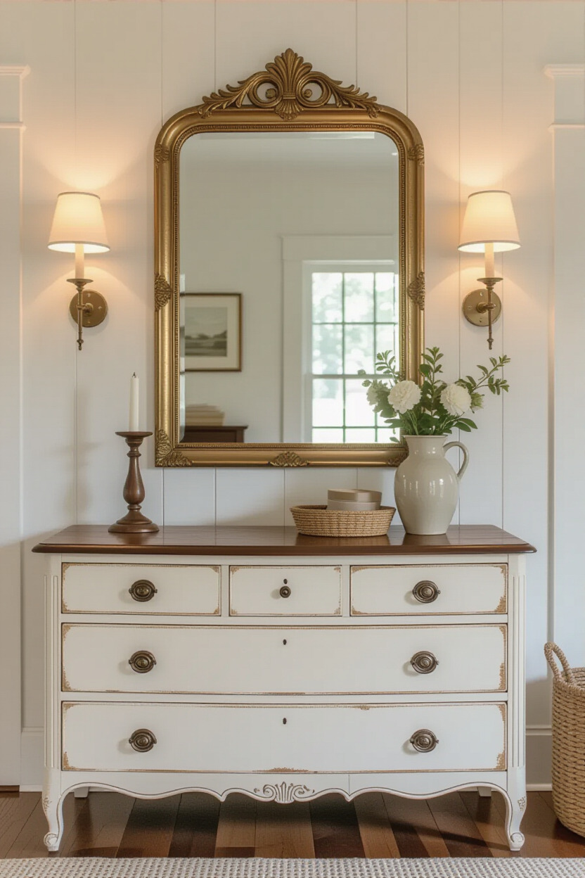 Antique mirror above a vintage dresser