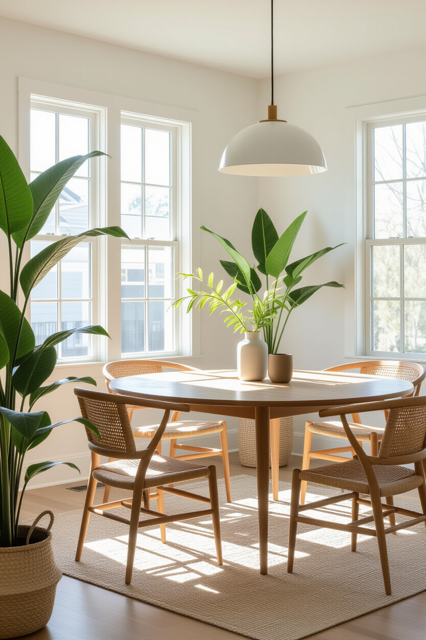 Japandi dining room with indoor plants