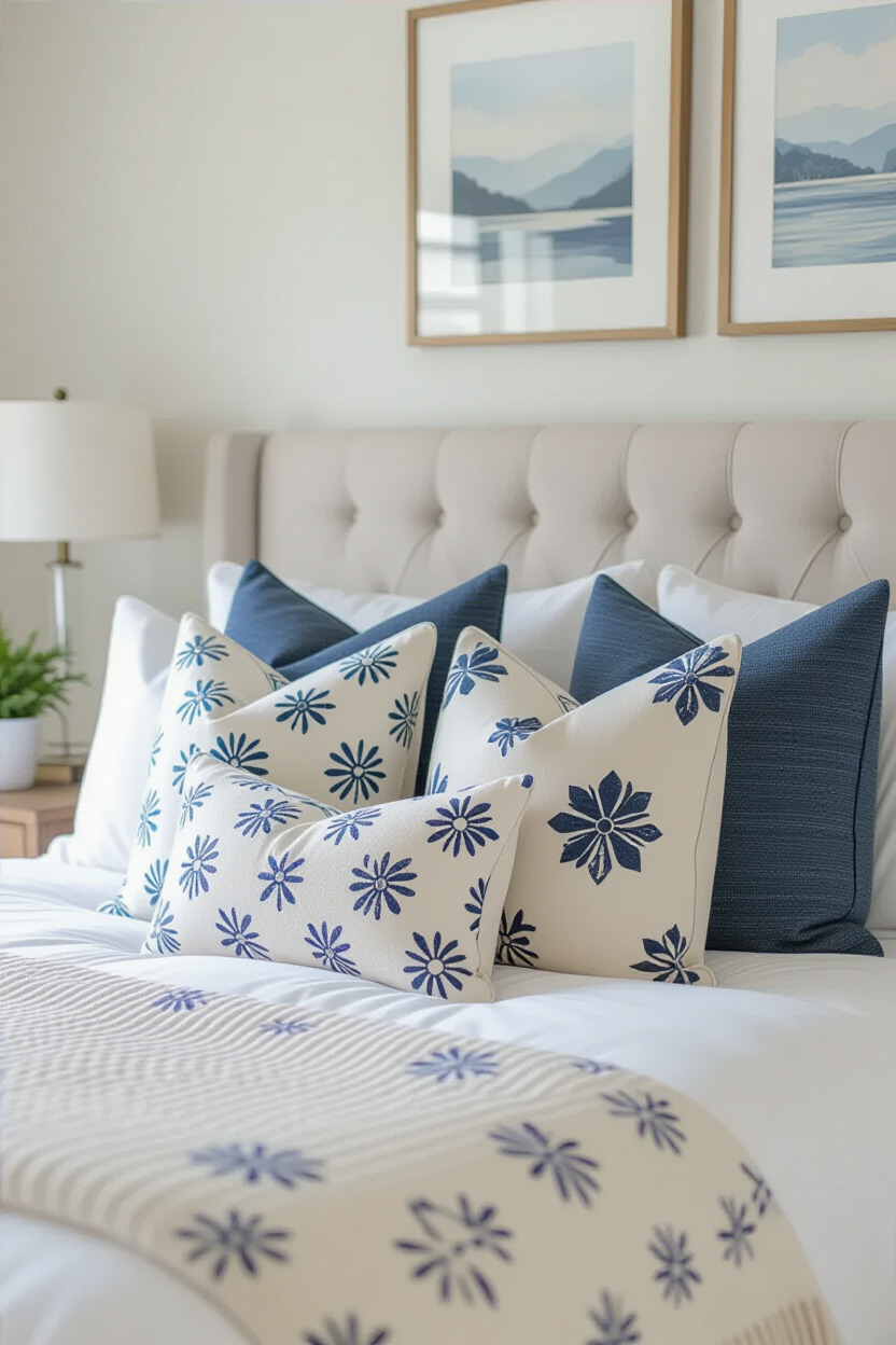 Customized throw pillows on a bed.