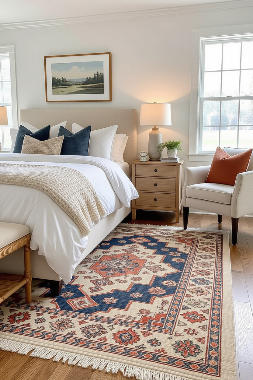 Stylish area rugs in a master bedroom