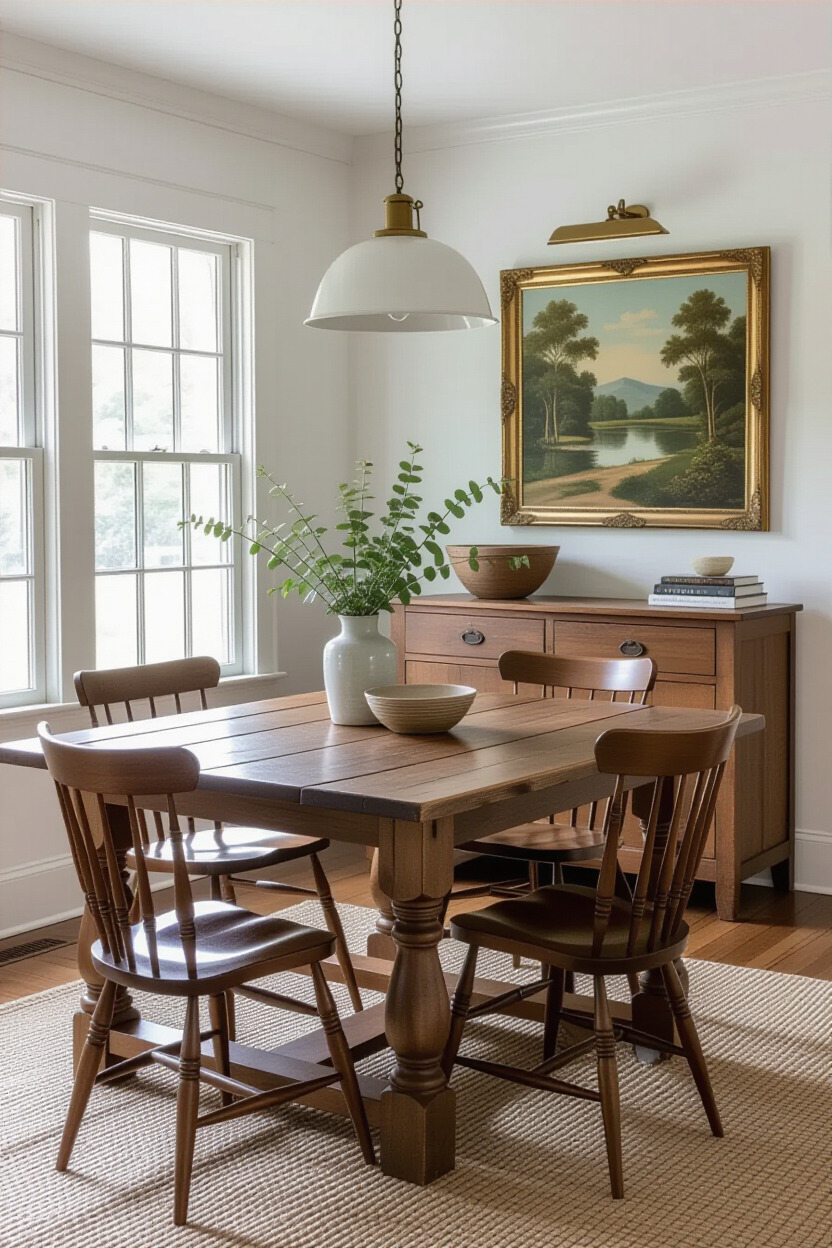 Eclectic vintage chairs around a rustic dining table
