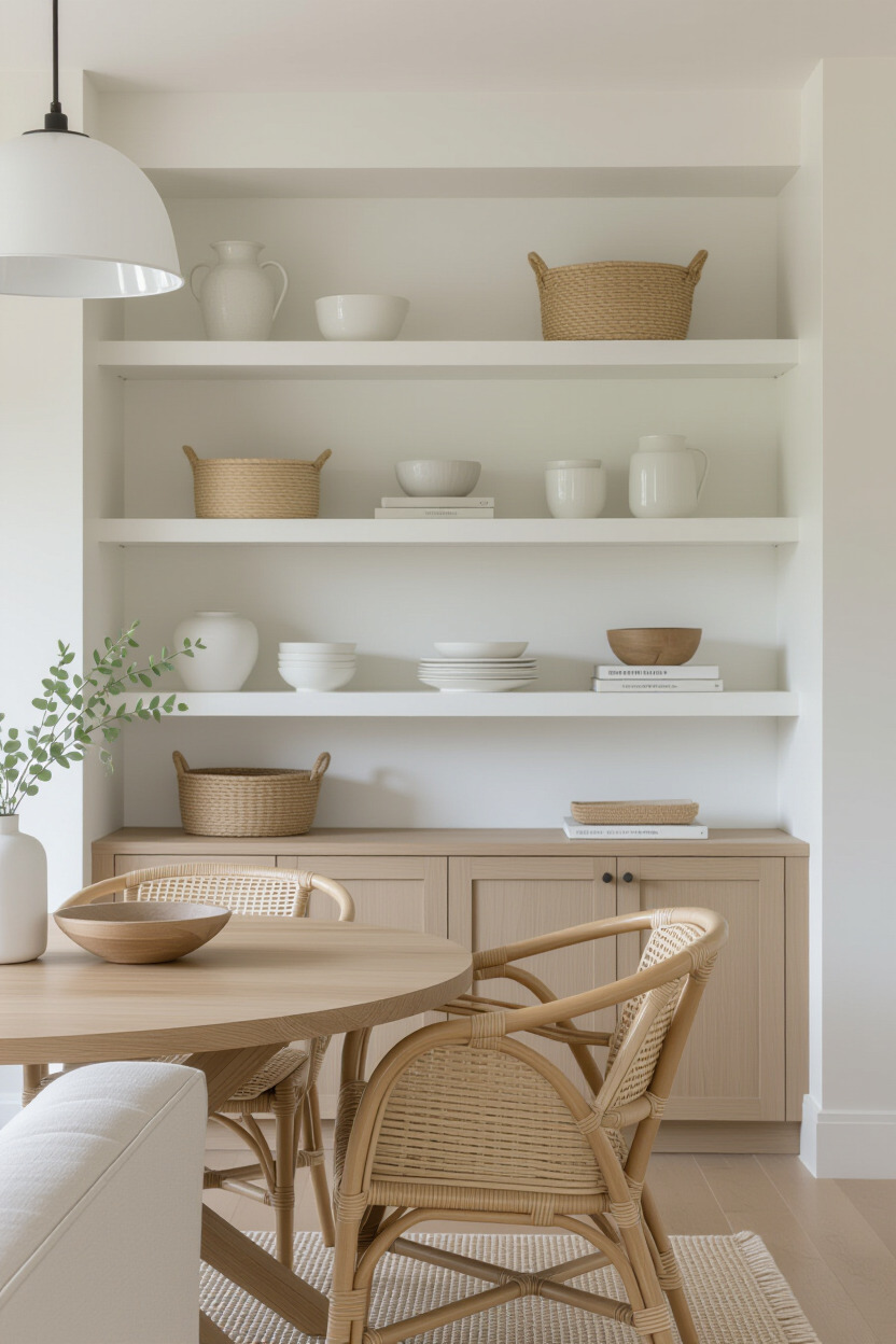 Japandi dining room with open shelving