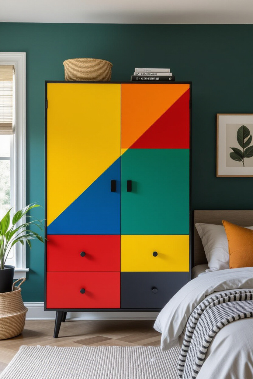 Bold color block almirah adding vibrancy to a bedroom