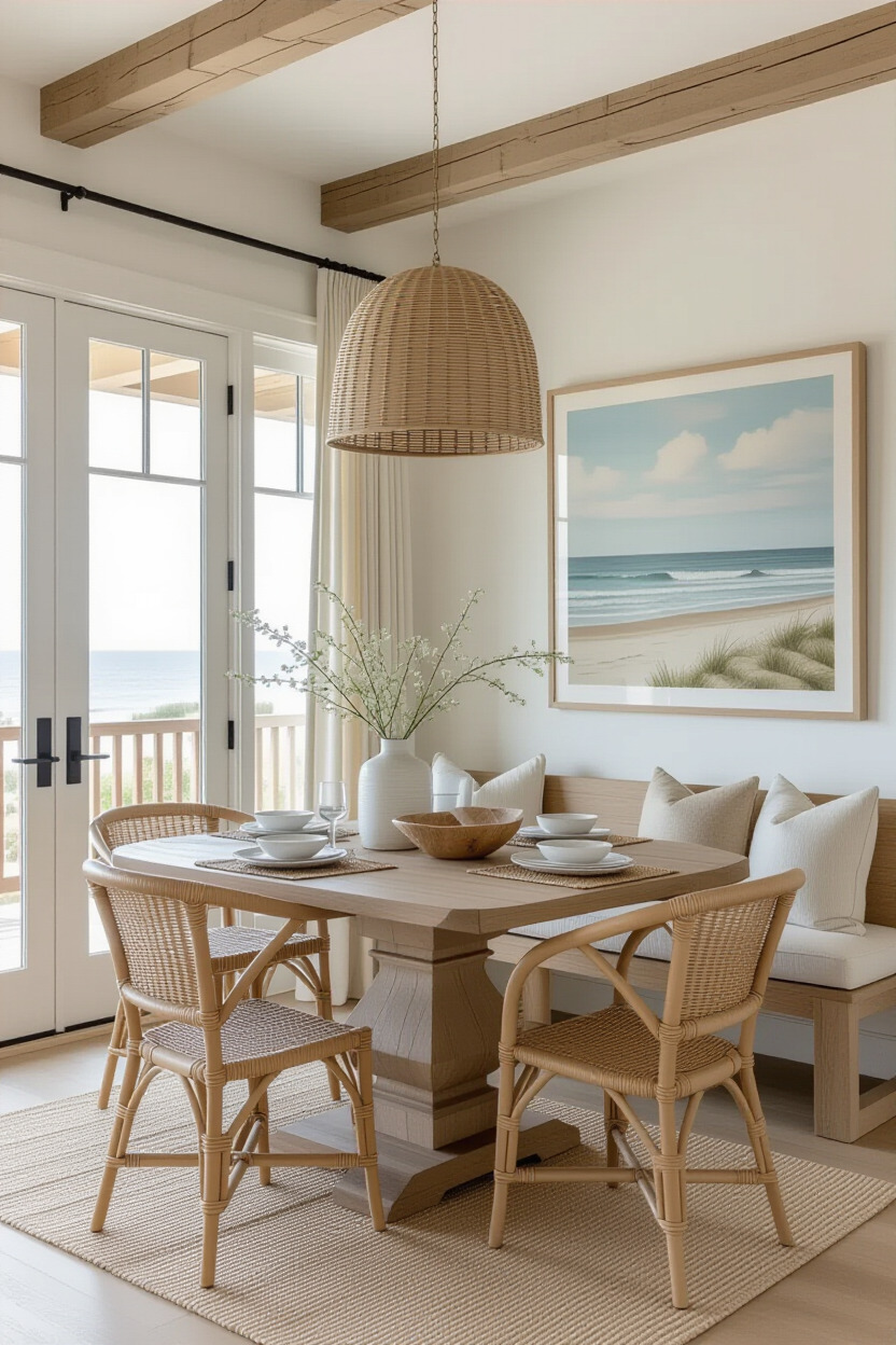 Coastal dining room with light colors and beach-inspired decor