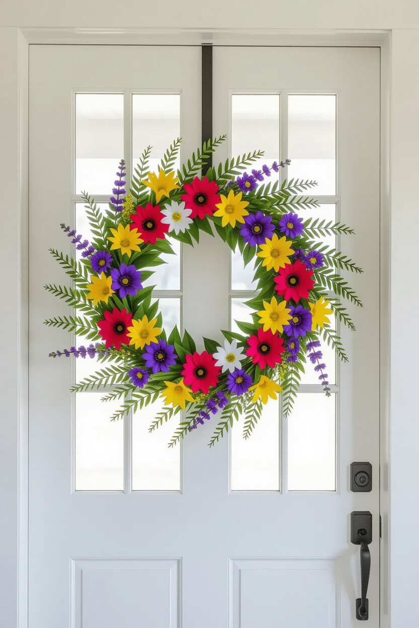 Spring wreath hanging on a door
