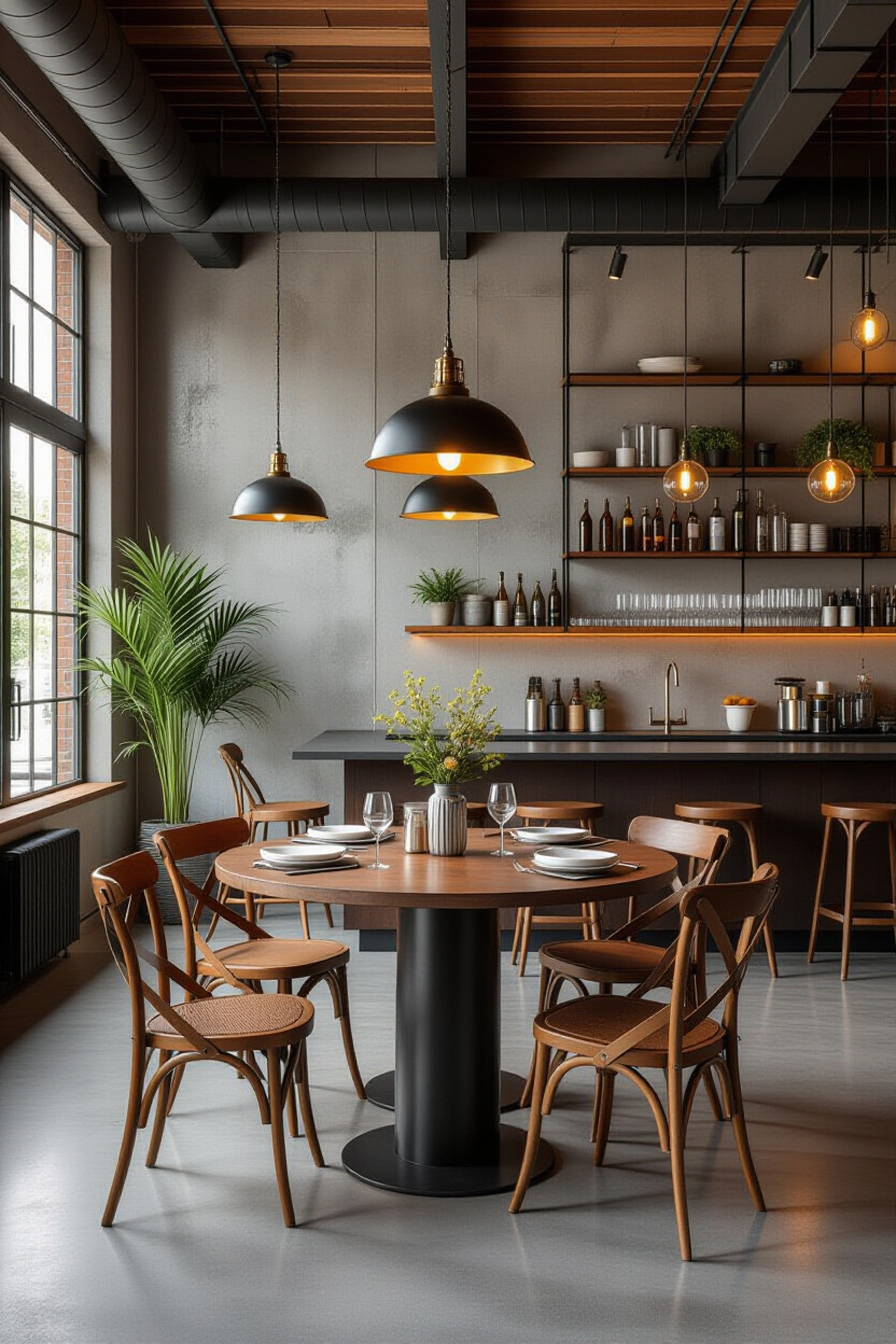 Industrial dining room with metal elements and warm lighting