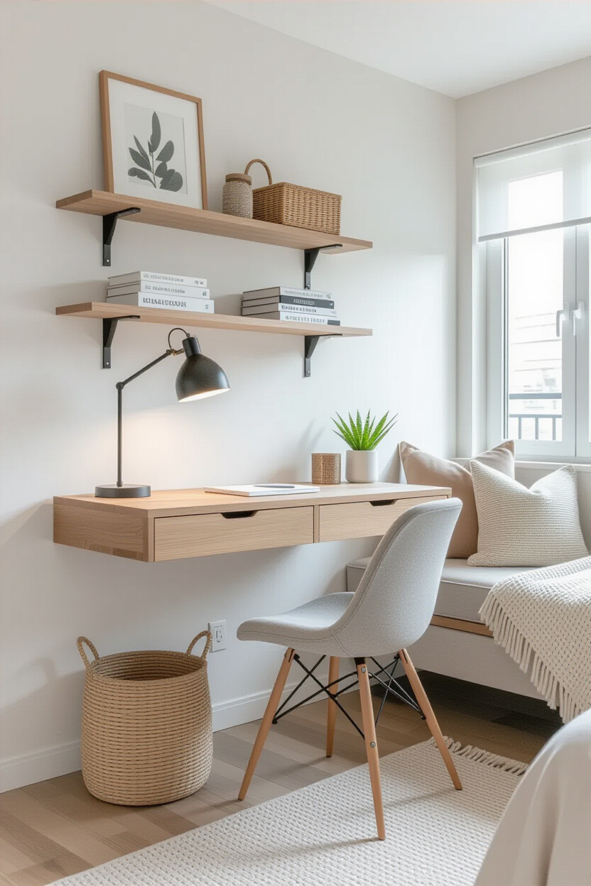 Wall-mounted desk in small apartment