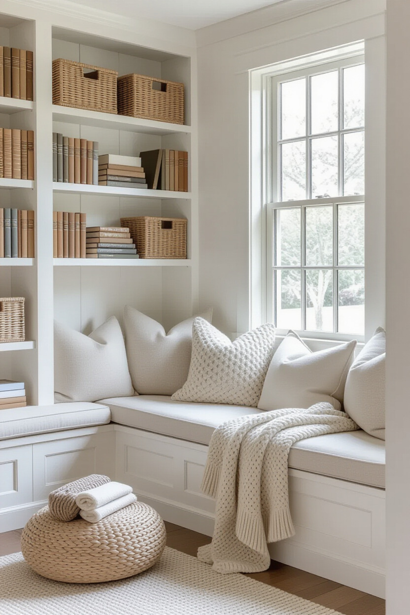 Cozy reading nook with books and cushions