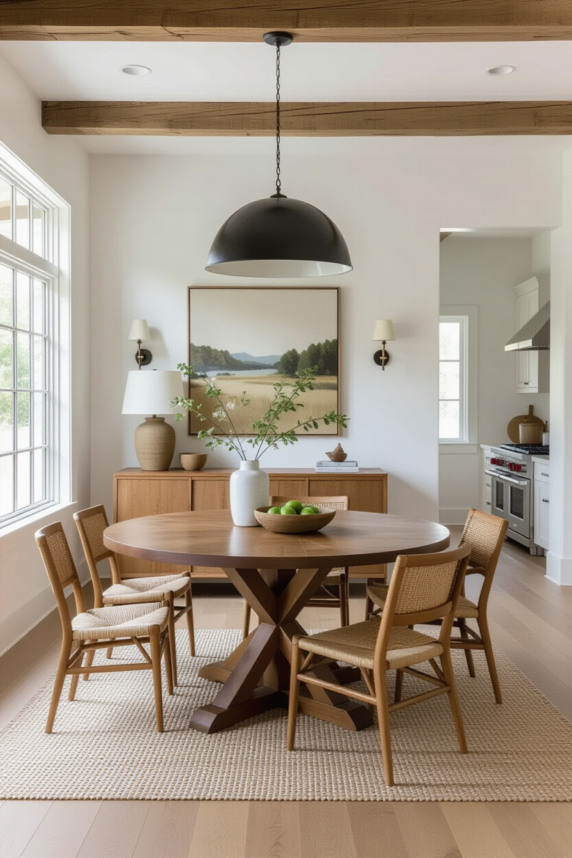 Dining room featuring mixed materials in Japandi style