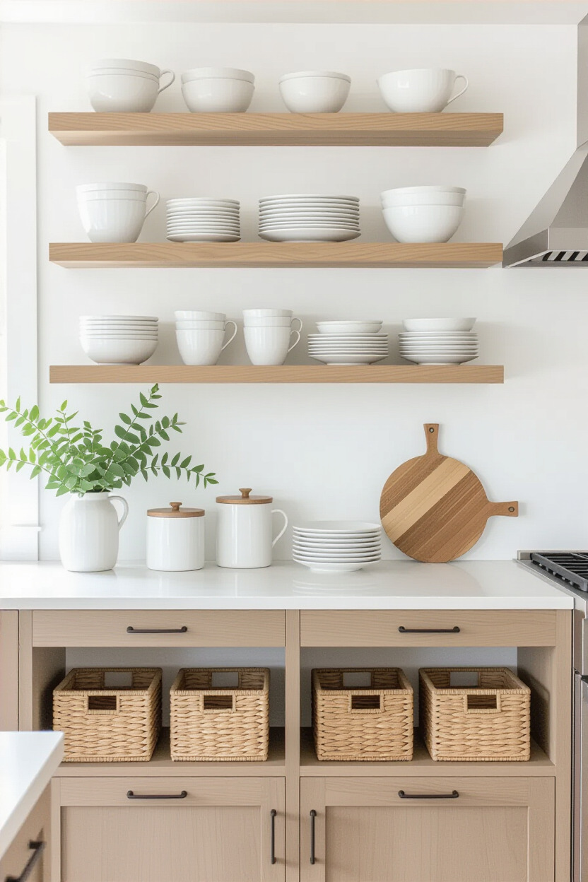 Open shelving in small apartment kitchen
