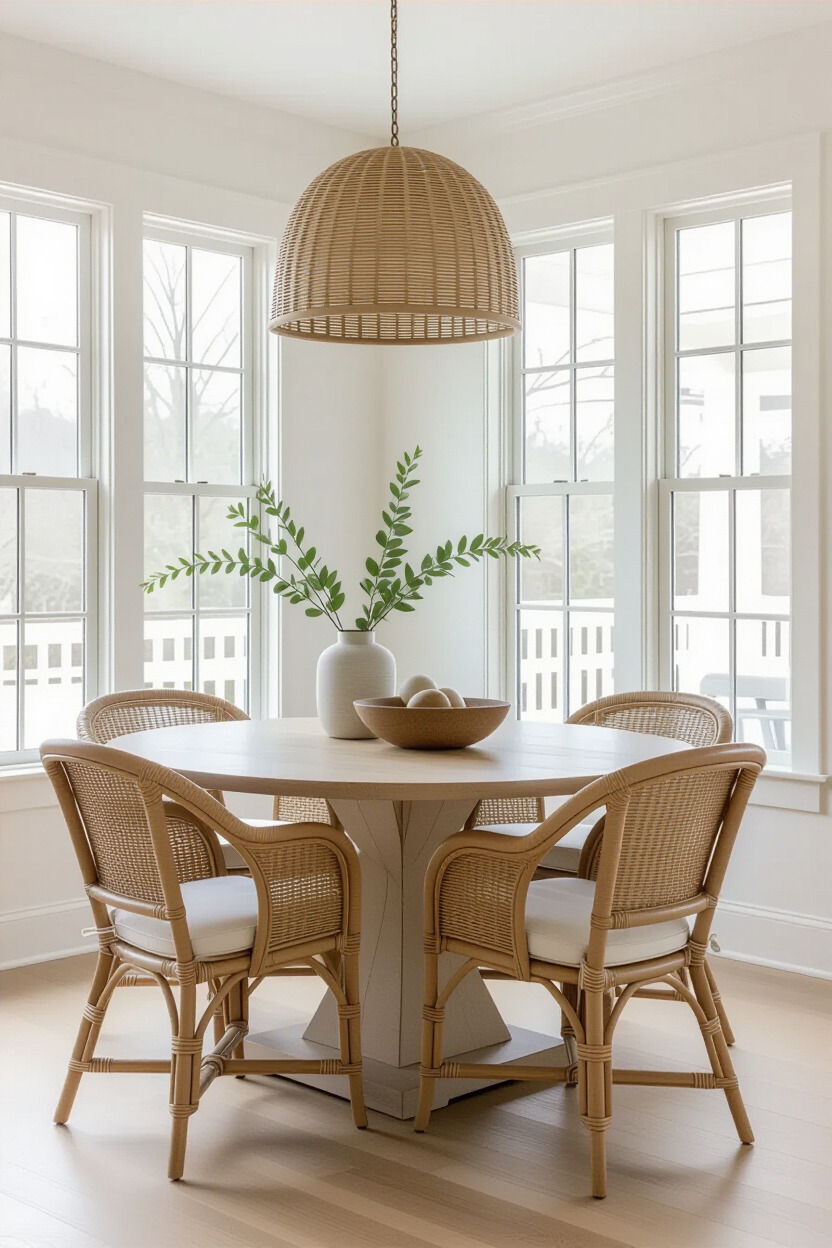 Chic rattan chairs in a bright dining area
