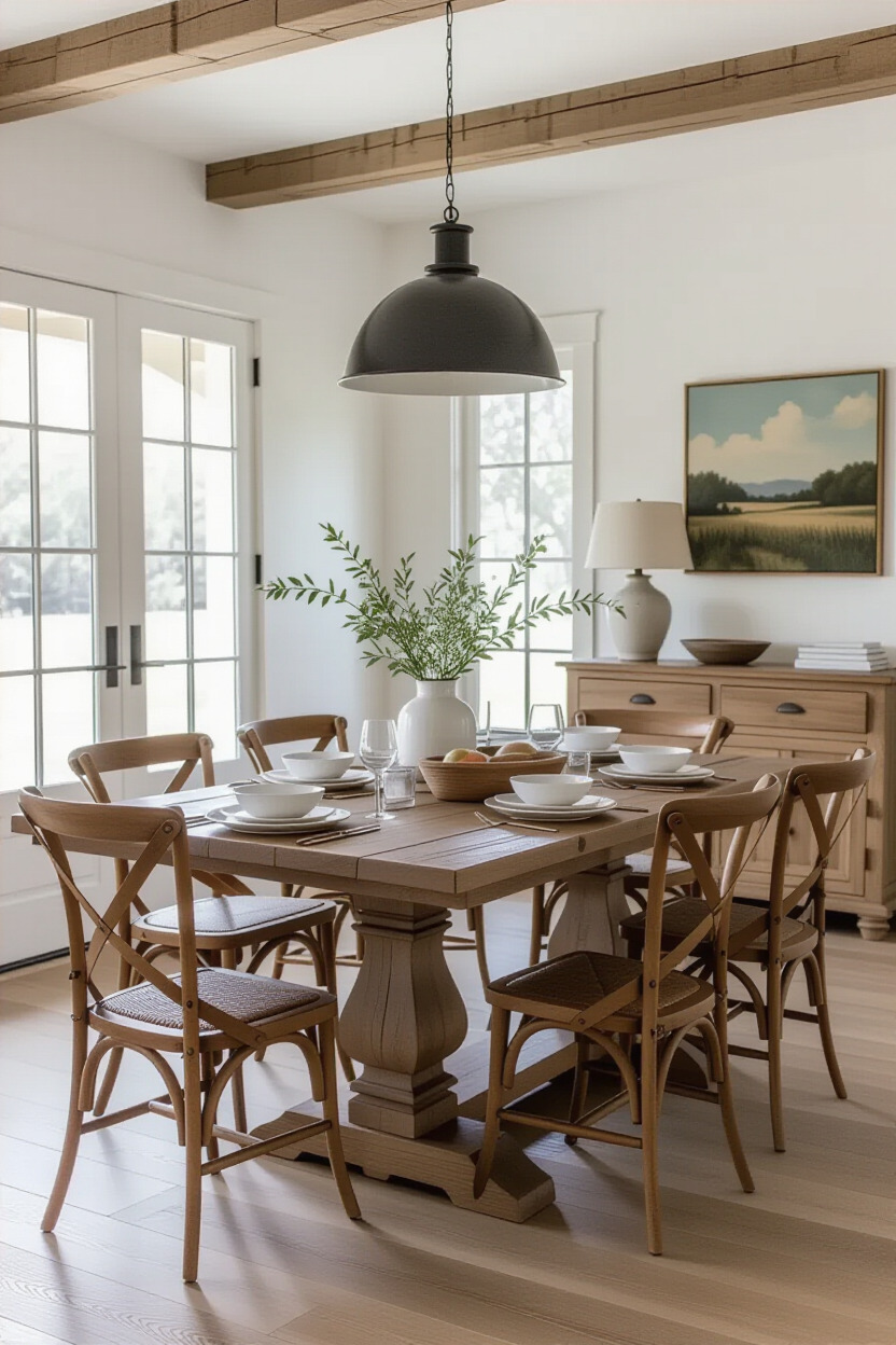 Dining room with a rustic farmhouse table set for dinner