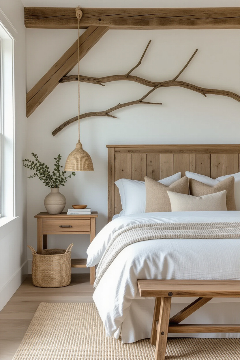 Natural wood branch decor in a bedroom