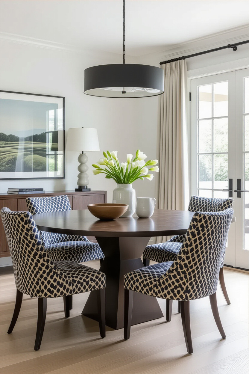 Bold patterned dining chairs around a contemporary table