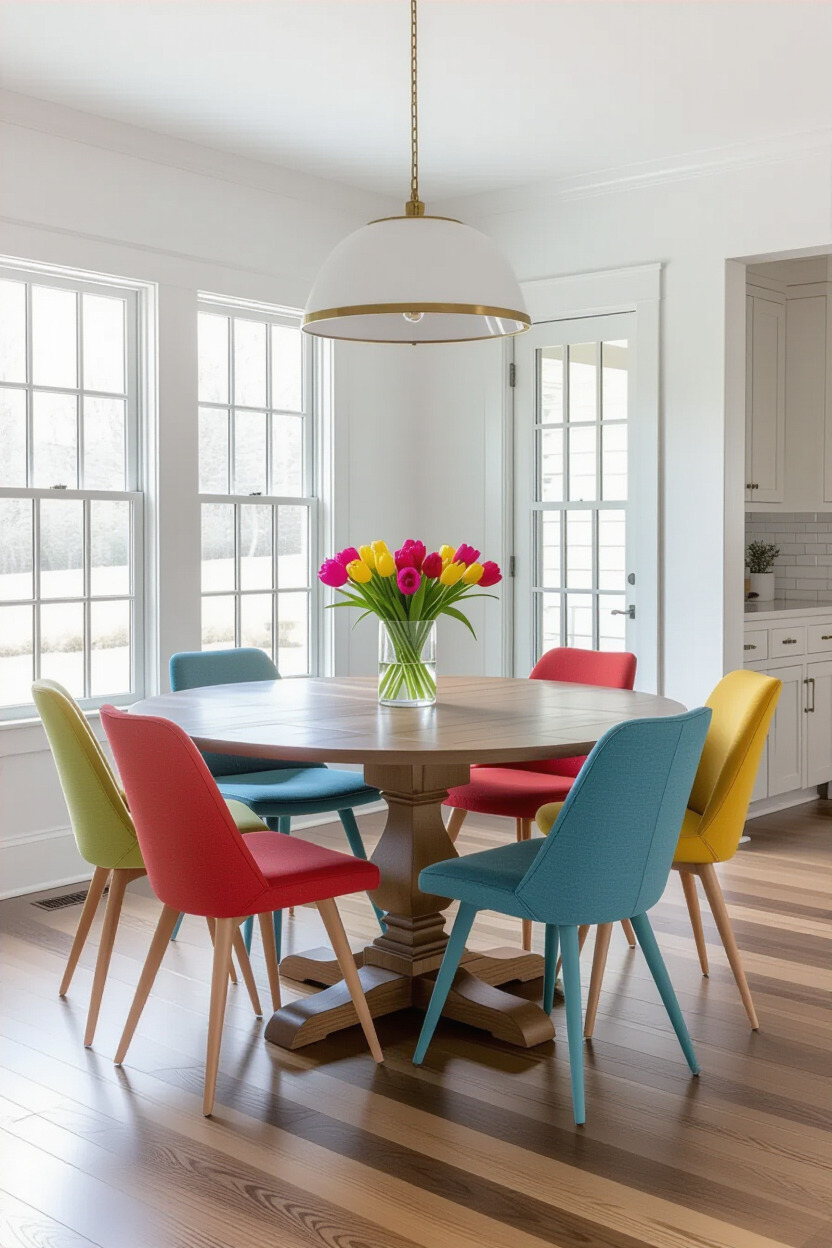 Dining table with colorful chairs