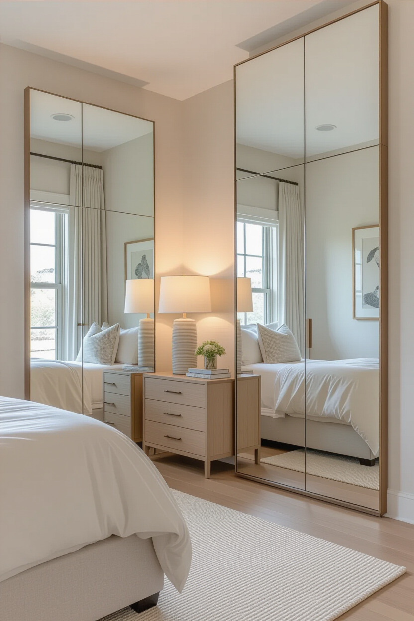 Mirrors enhancing depth in a master bedroom