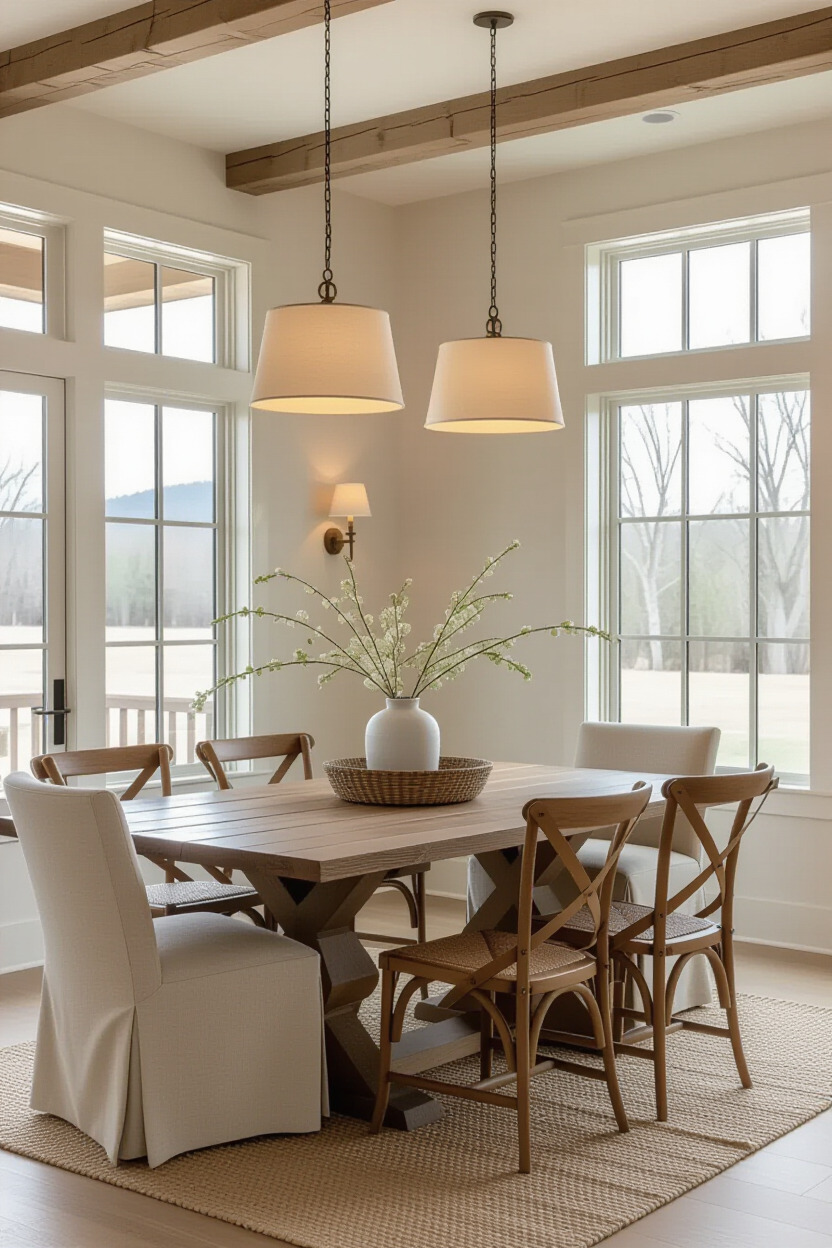 Dining room with warm lighting fixtures creating a cozy atmosphere