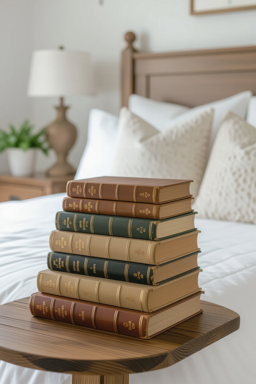 Stack of vintage books on a bedside table