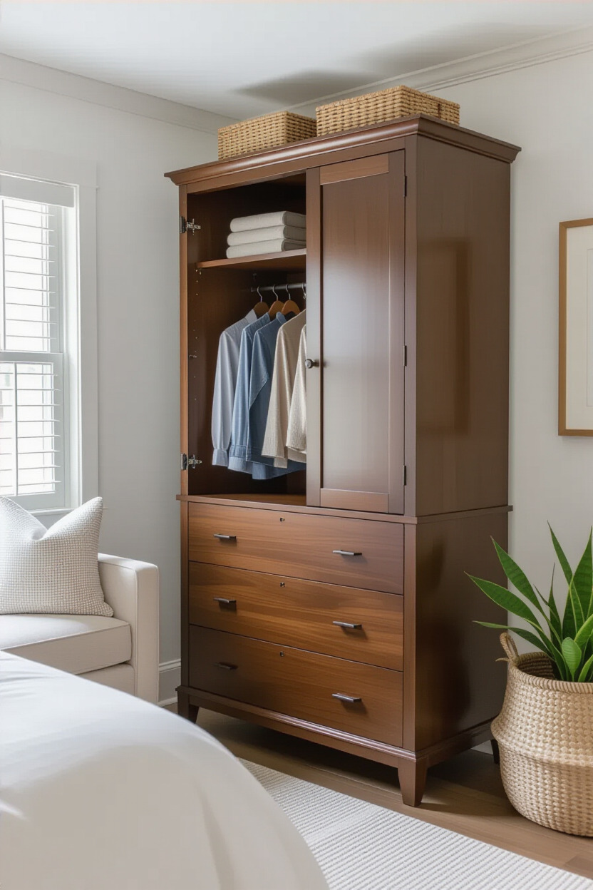 Compact wardrobe almirah in a small bedroom