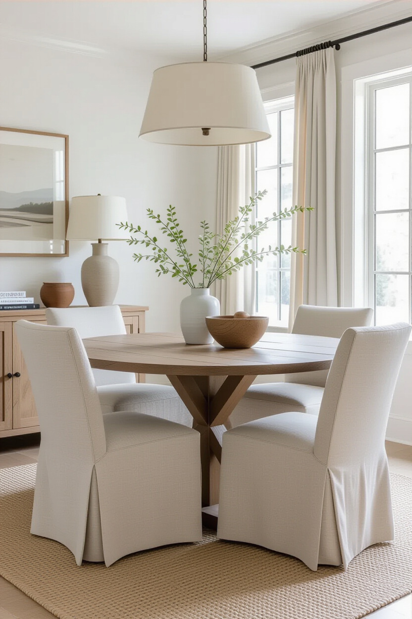 Dining room with textured fabrics on chairs and table decor