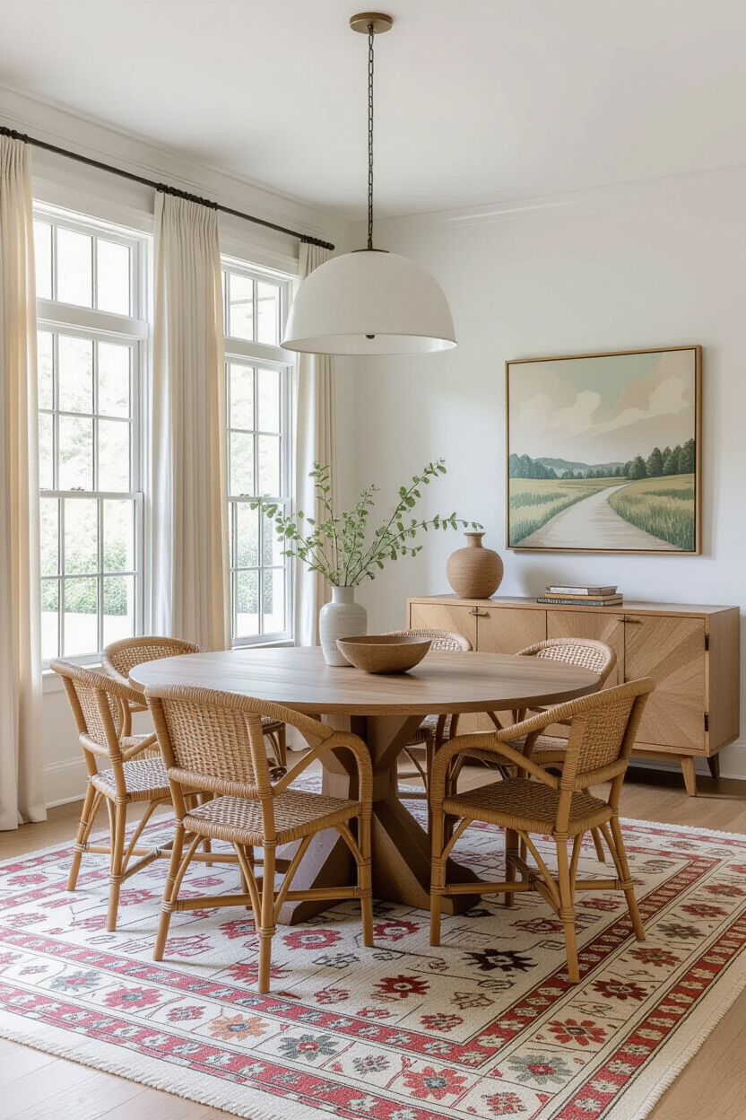 Layered rugs in a Japandi dining room