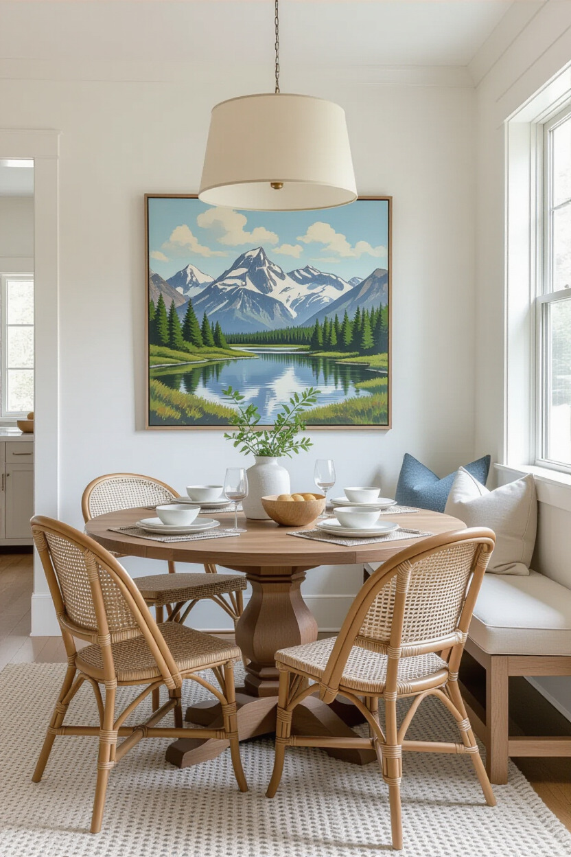 Nature-themed artwork in a Japandi dining room